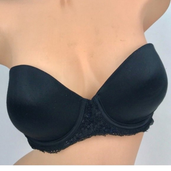 Victorias‎ Secret Pink Strapless Padded Bustier Bra 34D Black Sequin Underwired - Picture 1 of 8